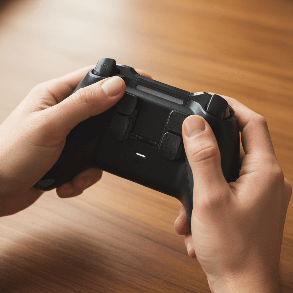 Hands demonstrating back paddle buttons on custom controller