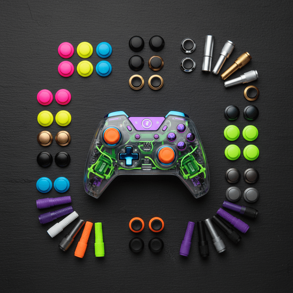 Array of custom button and stick components for controller builds