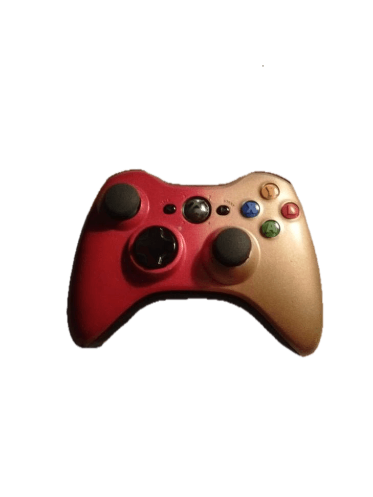 Red and gold gradient Xbox 360 controller with black joysticks on a white background.