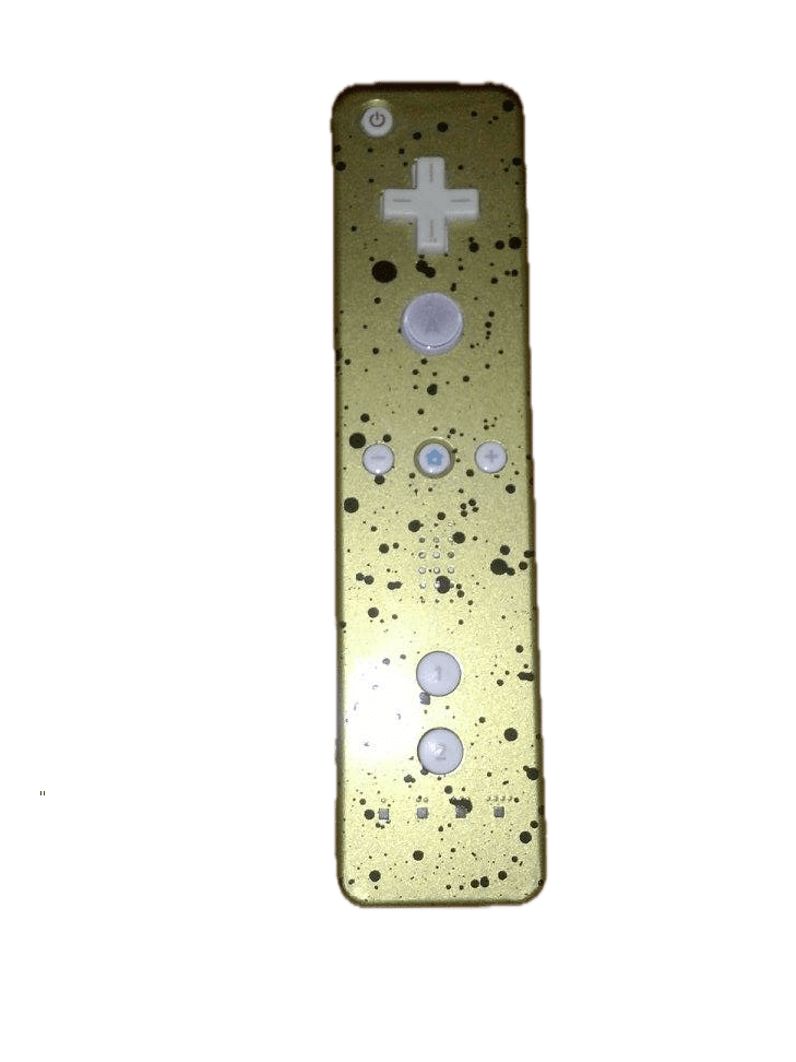 Gold Wii remote with black paint splatters, featuring white buttons and a directional pad.
