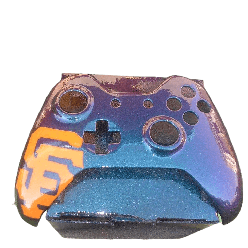 Iridescent blue and purple Xbox controller shell featuring an orange San Francisco Giants logo.