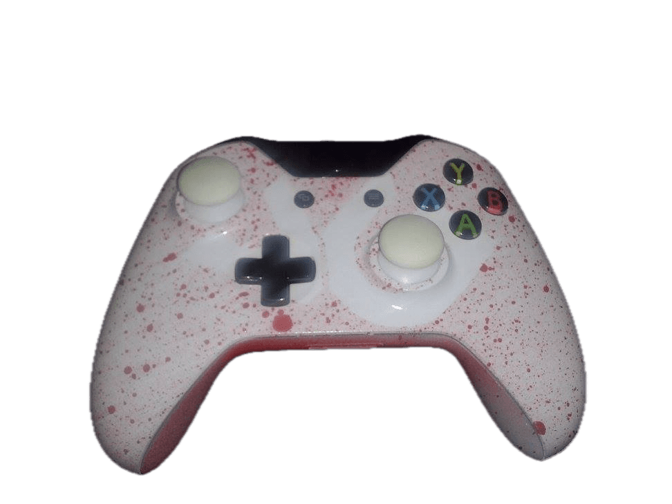 White game controller with red paint splatter pattern, white joysticks, and standard colored buttons.