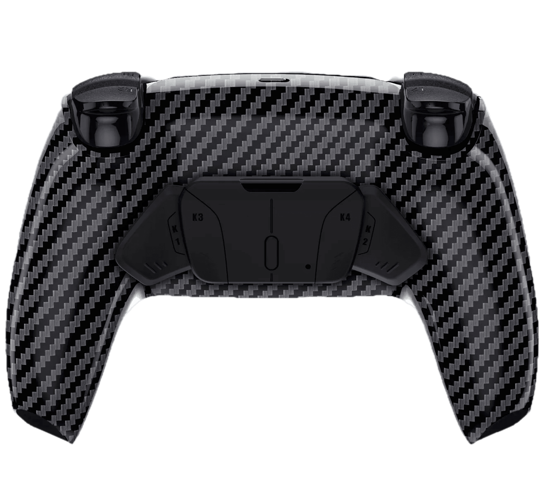 Back view of a carbon fiber game controller with a black four-button paddle attachment.