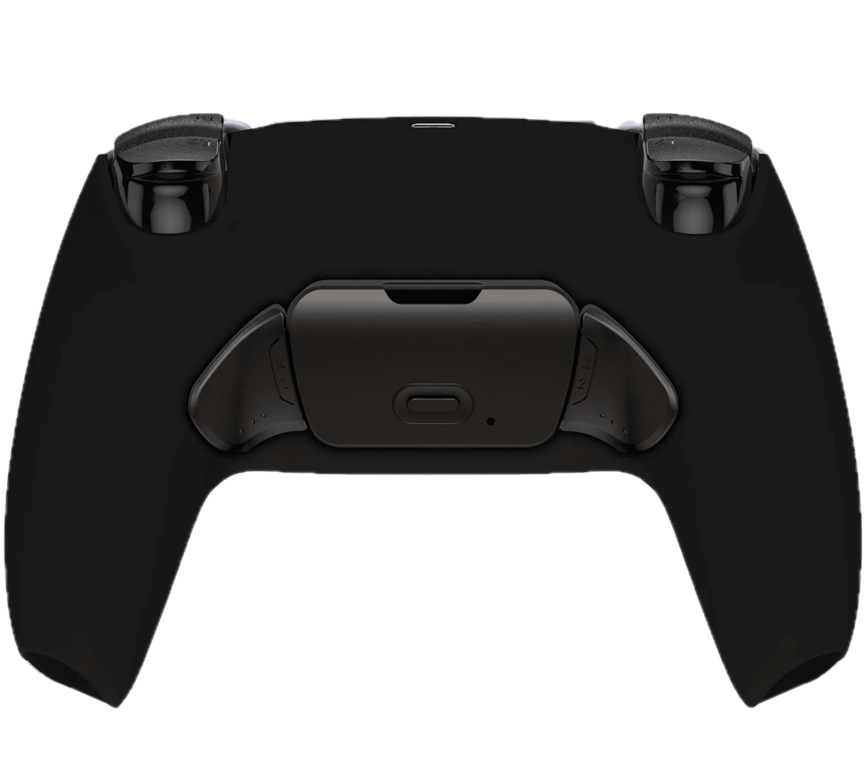 Black game controller back view featuring custom rear paddles and textured shoulder triggers.